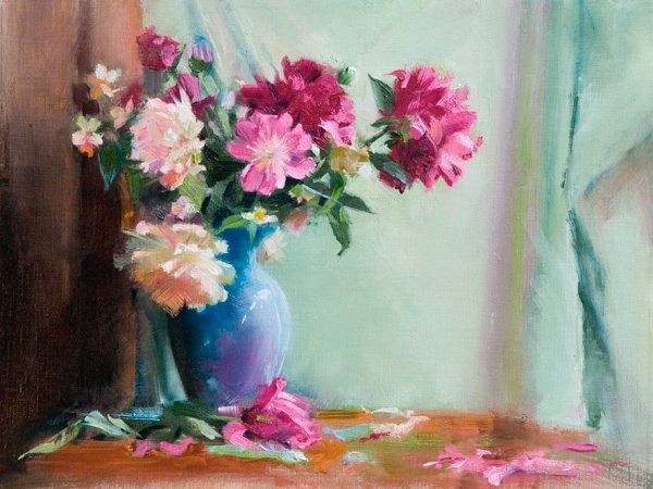 Peonies in a Blue Glass Vase 14″ x 16″ oil on linen